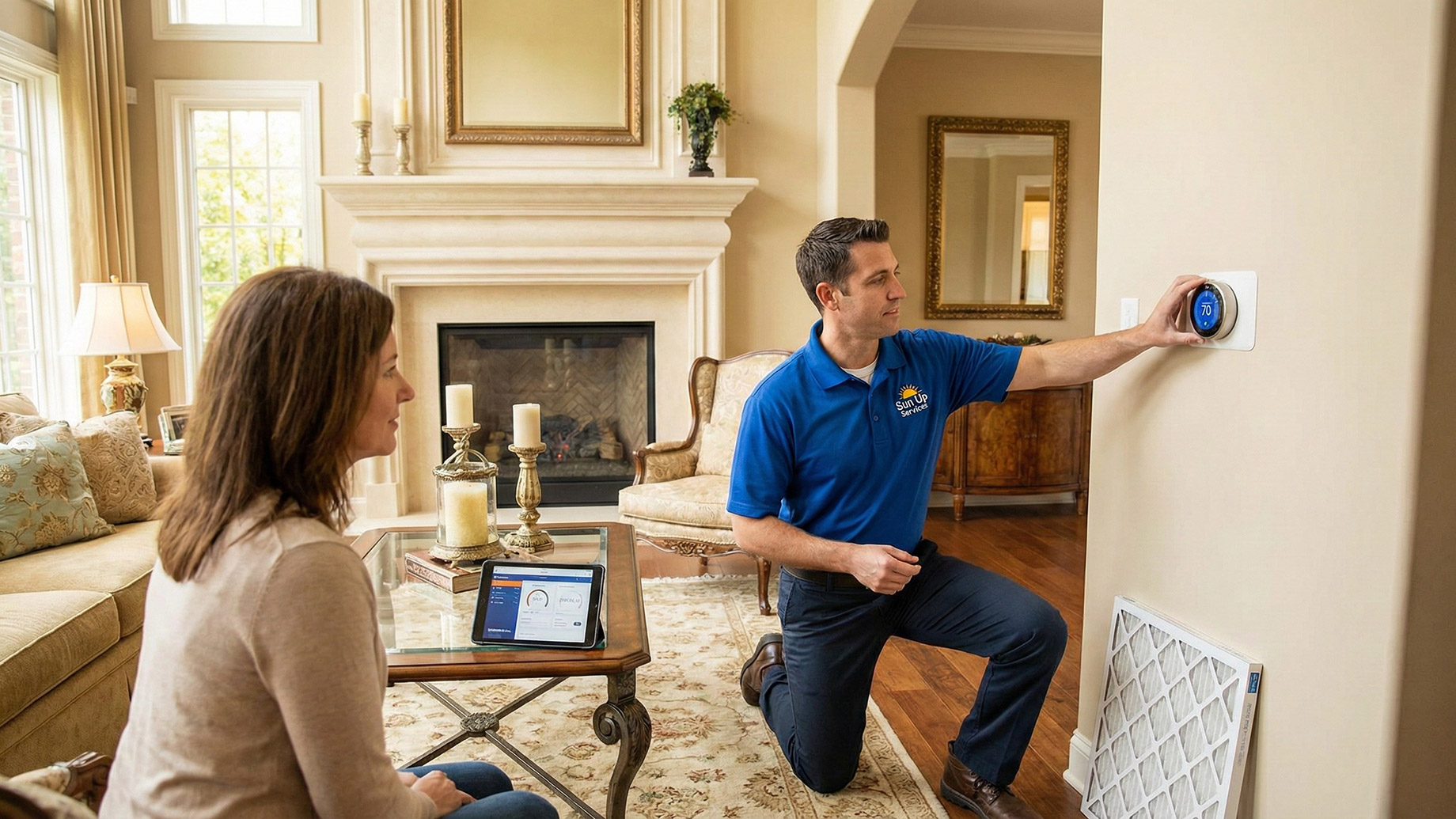 A Sun Up Services heating technician in a blue polo shirt kneels to adjust a smart thermostat on a wall, while a female homeowner sits in a luxury living room and watches. A tablet with heating data and a new air filter are nearby.