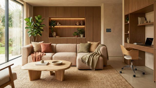 A modern living room interior illustrating eco-friendly trends and warm earthy tones. The space features a beige bouclé modular sofa, a raw wood coffee table, and ribbed wooden wall paneling with discreet smart lighting. A built-in wooden desk area highlights multi-functional living, while large floor-to-ceiling windows connect the room to outdoor greenery.