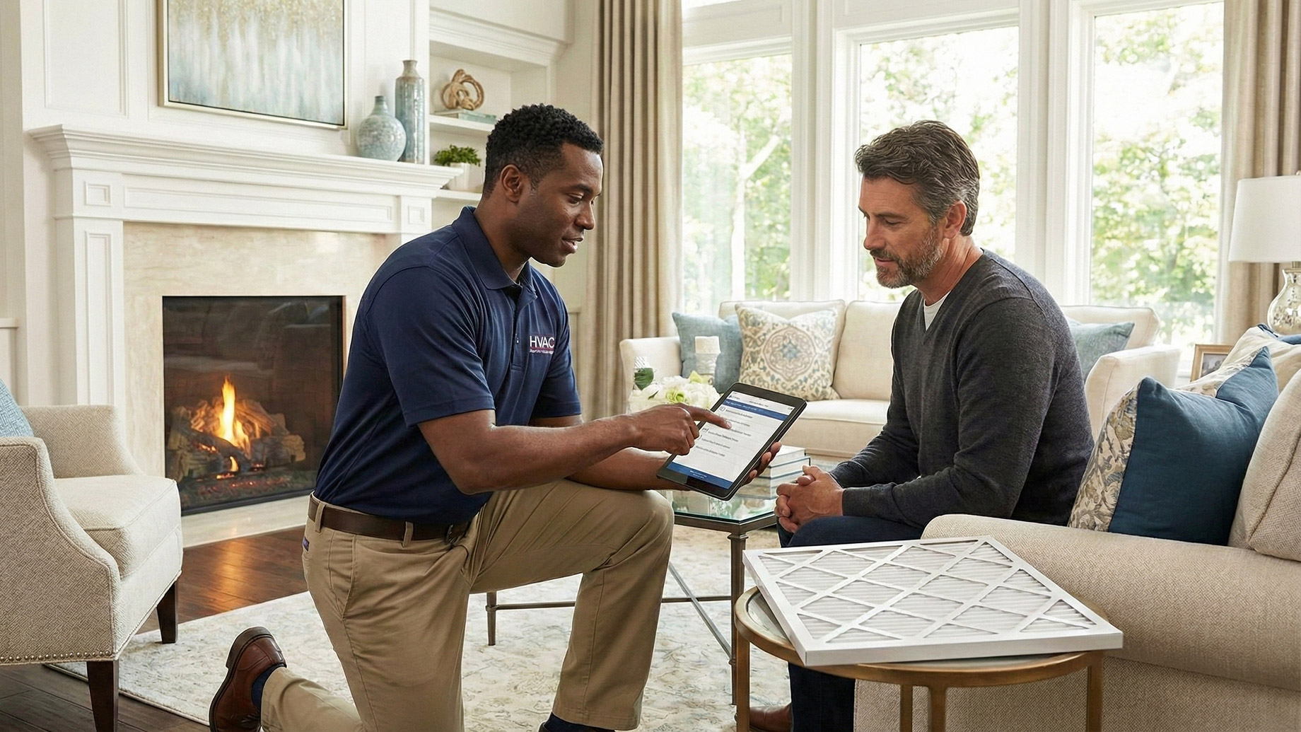 A technician in a blue polo shirt kneels in a living room, pointing to a maintenance checklist on a tablet while discussing it with a homeowner seated on a sofa. A clean air filter rests on a side table, and a fireplace is visible in the background.