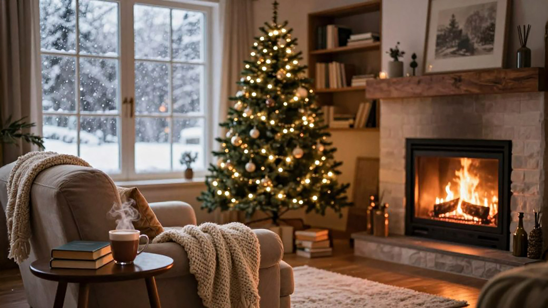 An interior view of a cozy living room designed as a winter sanctuary. The room features a glowing Christmas tree and a bright fire in the fireplace to provide strategic lighting that combats winter darkness. A plush armchair is layered with a thick, cream-colored knit textile for maximum comfort, and a small wooden side table holds a steaming hot beverage and books. A large window in the background looks out onto a snowy landscape, contrasting the cold outside with the warm, inviting atmosphere within.