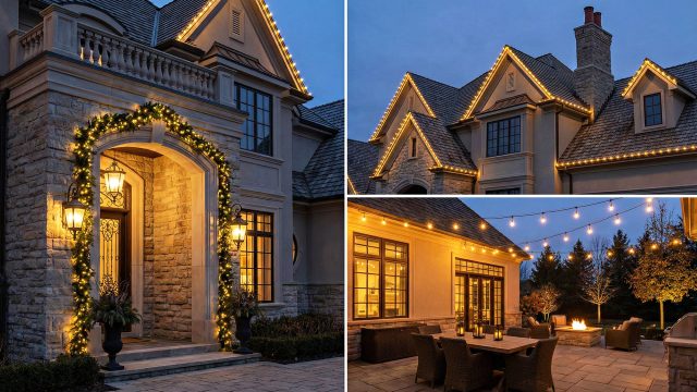 A three-panel twilight photograph collage illustrating how professional warm-white seasonal lighting enhances a luxury stone residence. The left panel shows a grand entryway with an illuminated garland framing an arched door. The top right panel highlights rooflines, gables, and a chimney outlined with precise string lights. The bottom right panel features an inviting outdoor patio with overhead bistro lights, a dining table, and a glowing fire pit.