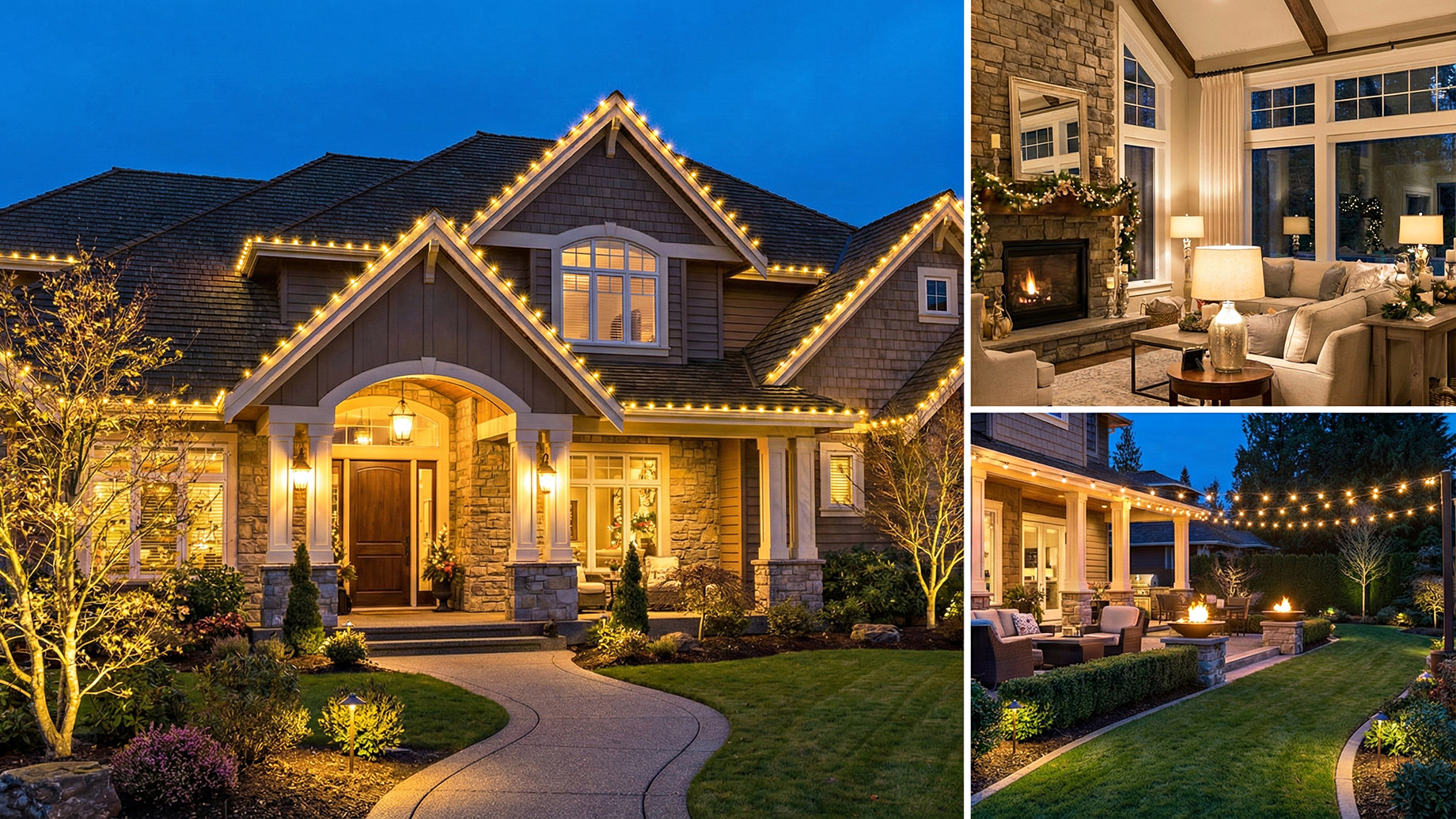 A three-panel collage showcasing a luxury home at twilight. The main image features a large stone and wood estate with professional warm-white roofline lighting, illuminated pathways, and glowing trees. The side panels show a cozy interior living room with a lit fireplace and an outdoor patio decorated with elegant string lights and a fire pit, creating an inviting and high-end atmosphere.