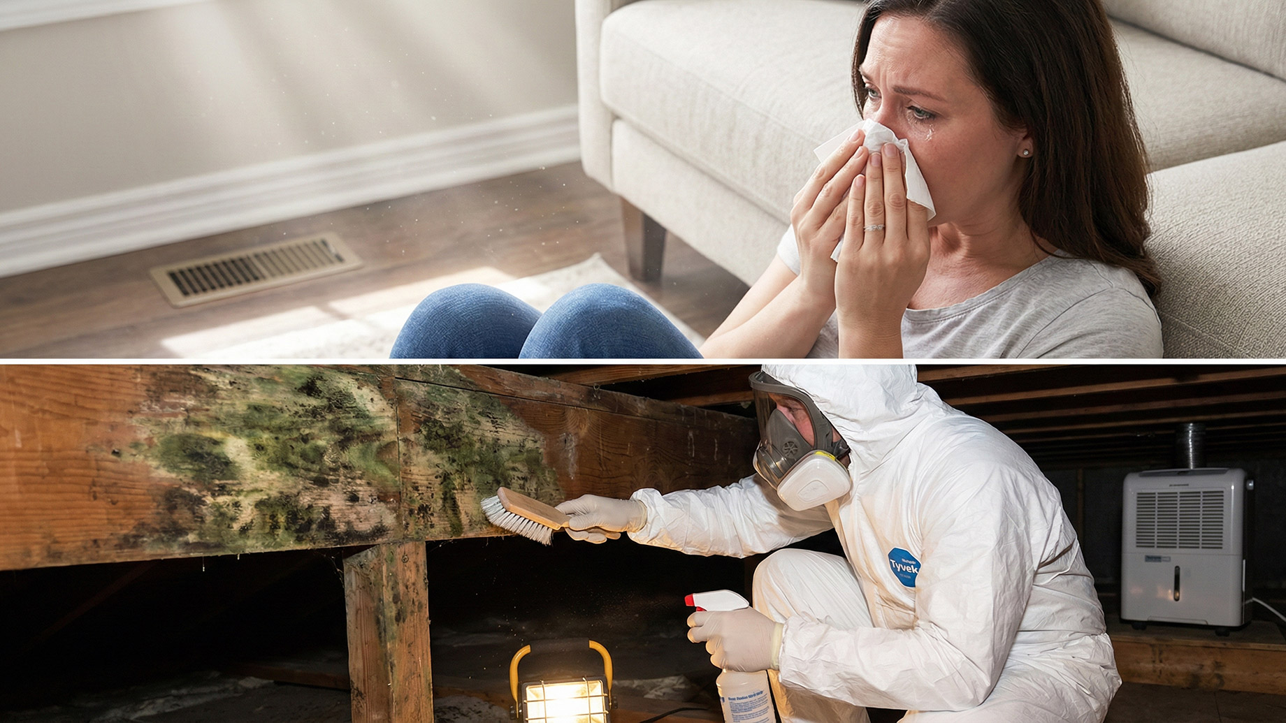 A horizontal two-panel image. The top panel depicts a woman sitting on a living room couch looking unwell, holding a tissue and appearing to suffer from respiratory issues or allergies. The bottom panel shows a professional mold remediation technician in a full white hazmat suit and respirator mask using specialized fogging equipment to treat mold in a dark, confined crawl space beneath a house.