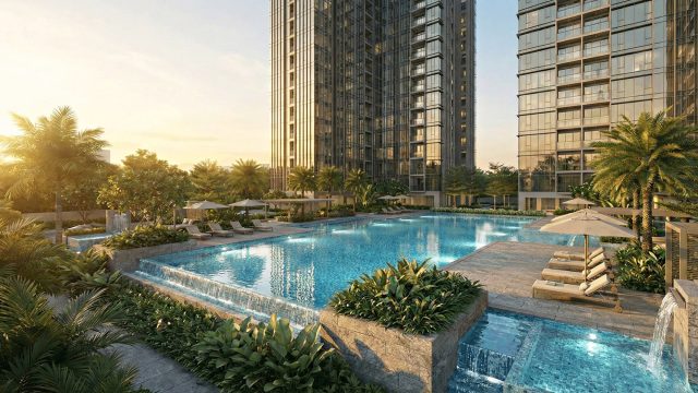 A high-quality architectural rendering of the Penridge Condo swimming pool area during a warm sunset. The scene features a large, crystal-blue lap pool with elegant stone-clad waterfalls and lush tropical landscaping. In the background, modern high-rise glass residential towers reflect the golden light, while the poolside deck is lined with premium lounge chairs and sun umbrellas, showcasing a smart and sustainable luxury living environment in Tengah.
