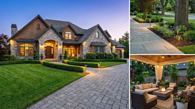 A high-end luxury estate viewed at twilight, featuring a perfectly manicured green lawn with crisp edges and a winding stone paver walkway leading to the entrance. The scene includes professional landscaping with sculpted hedges, layered plantings, and soft architectural uplighting that highlights the stone facade and mature trees, creating an inviting and prestigious atmosphere.