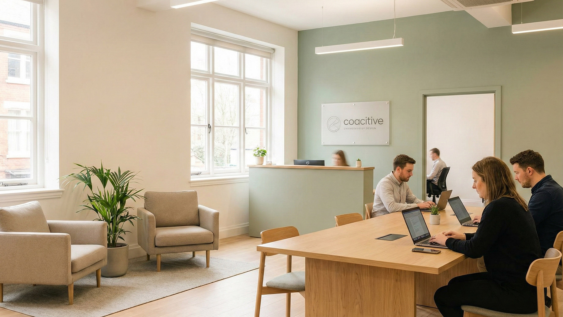 A wide-angle shot of a bright, modern office interior designed with a welcoming atmosphere. The space features a sage green accent wall and warm white side walls. On the right, three professionals sit at a long, light-wood communal table working on laptops. To the left, a comfortable waiting area includes two beige upholstered armchairs and a vibrant green potted plant. Large windows let in soft natural light, and a minimalist pendant light hangs over a reception desk in the background. The overall aesthetic is clean, professional, and calm.