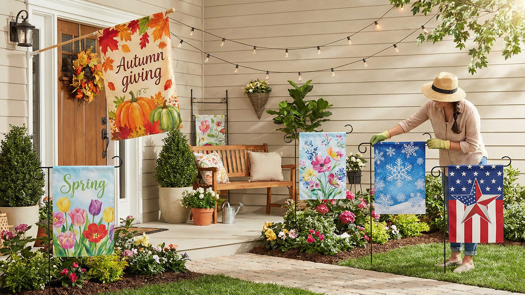 A woman in a straw hat arranges a vibrant collection of decorative garden flags in a front yard flower bed near a porch. The display features flags representing various seasons and themes, including a large "Autumn Giving" flag with pumpkins, a "Spring" tulip flag, a winter snowflake design, and a patriotic red, white, and blue star flag, all set against a cozy home exterior with hanging string lights.