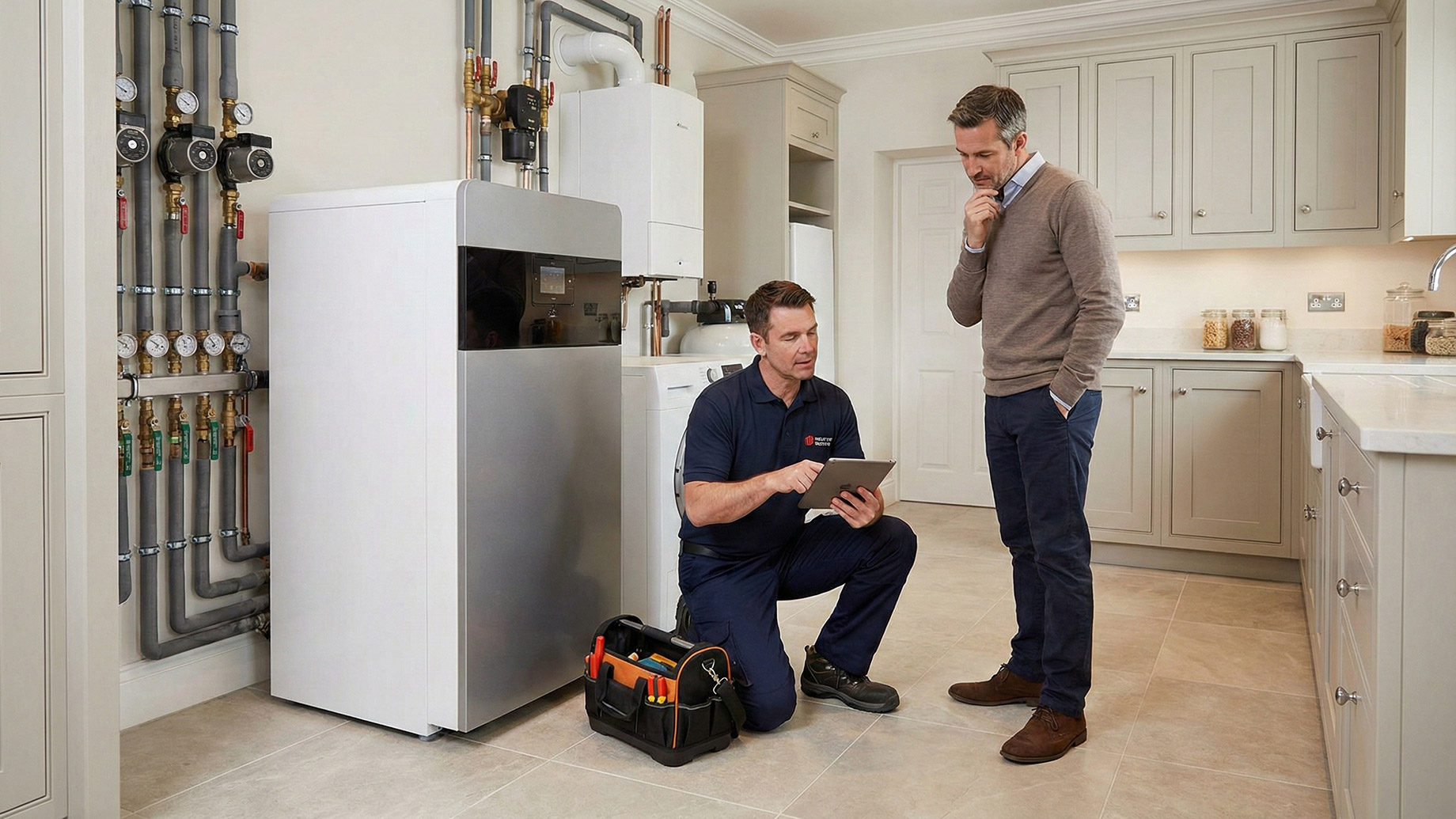 A professional technician in a blue uniform kneels next to a modern heating system in a dedicated utility room, reviewing diagnostic data on a tablet with an attentive homeowner. The clean, well-lit room features organized piping and high-end equipment, highlighting professional service and clear communication.