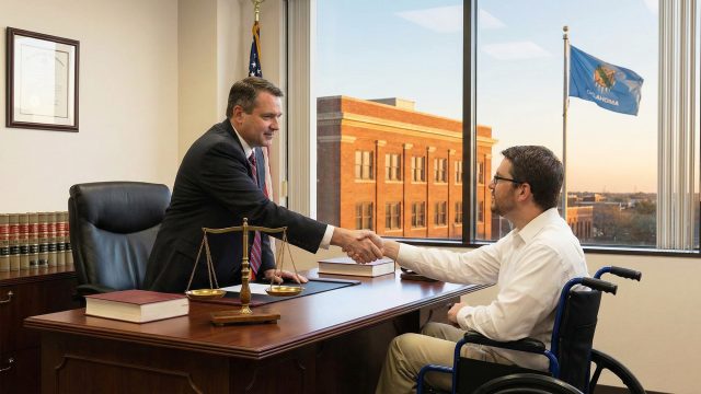 A professional male attorney in a suit shaking hands with a client seated in a wheelchair across a wooden desk in a law office. The desk features the scales of justice and legal books, while a large window in the background shows a brick building and the Oklahoma state flag flying against a sunset sky.