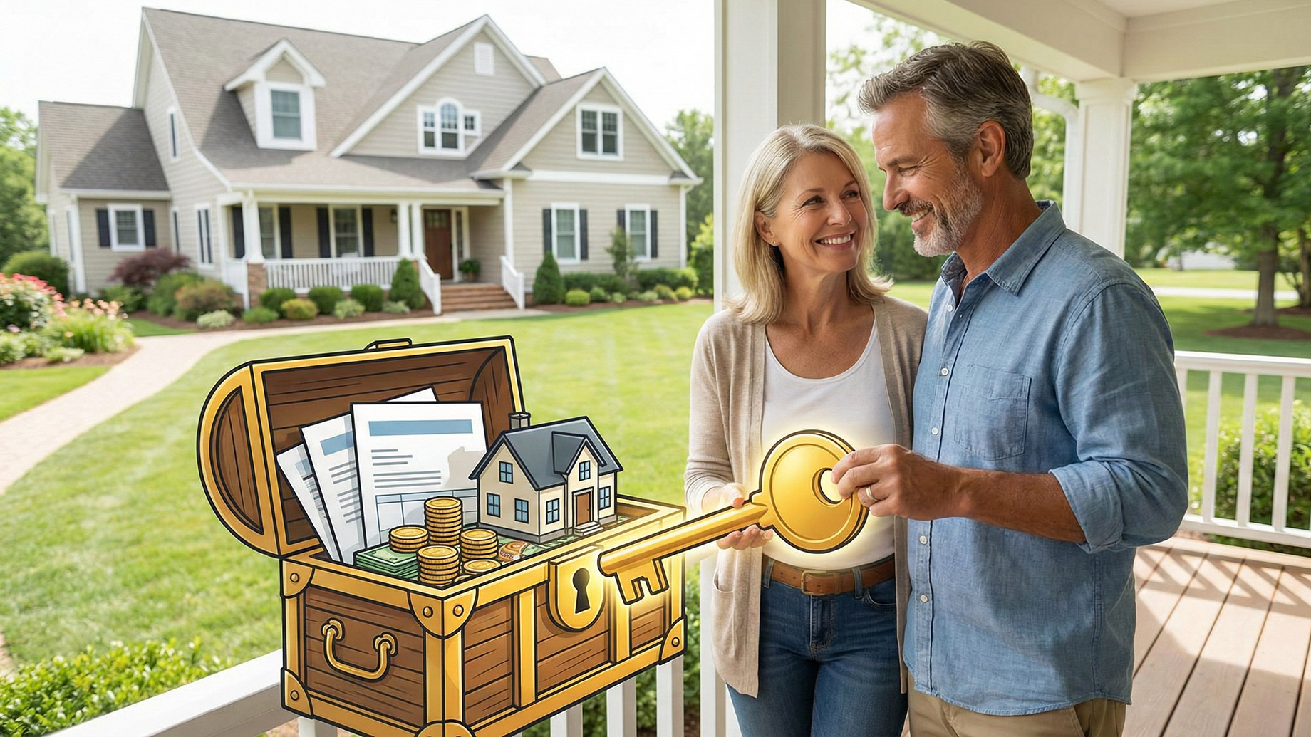 A smiling couple stands on the porch of a suburban home, using a large golden key to open a treasure chest filled with money, financial documents, and a miniature house model, symbolizing the concept of unlocking home equity.