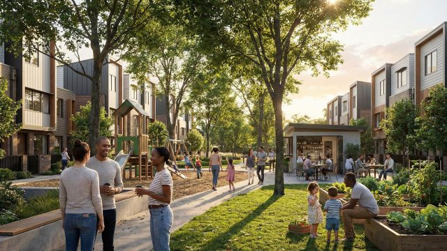 Residents socializing in a modern, pedestrian-friendly neighborhood featuring a children's playground, a community vegetable garden, and an outdoor cafe area nestled between contemporary townhouses.