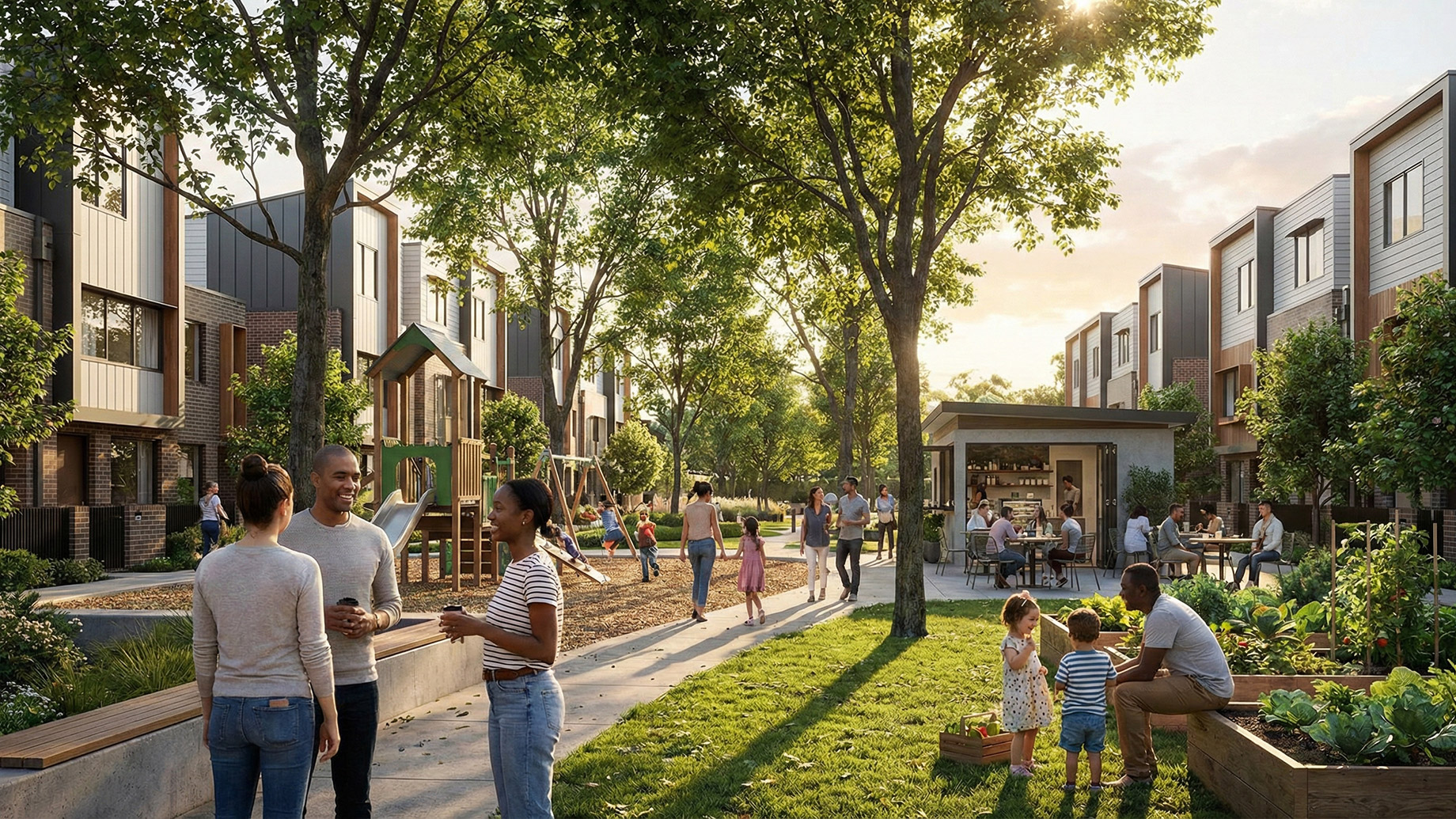Residents socializing in a modern, pedestrian-friendly neighborhood featuring a children's playground, a community vegetable garden, and an outdoor cafe area nestled between contemporary townhouses.