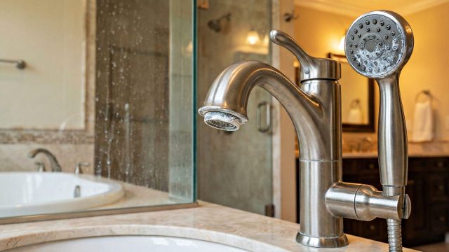 A close-up of a brushed nickel faucet and showerhead in a high-end bathroom showing distinct white limescale buildup and mineral deposits on the nozzle, illustrating the damaging effects of hard water on plumbing.