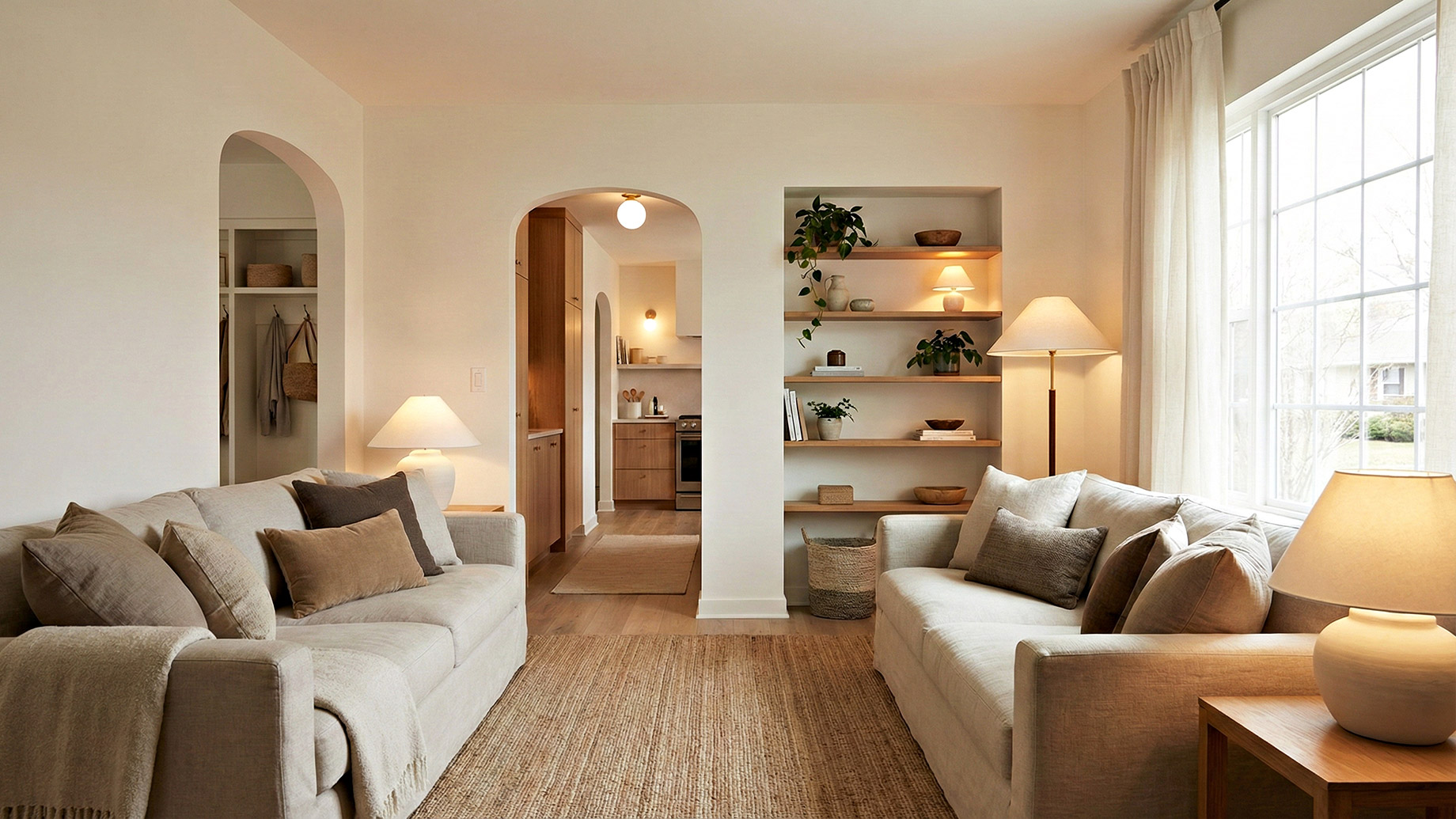 A cozy, well-lit living room featuring soft neutral walls and warm layered lighting from table and floor lamps. The space showcases natural textures with a jute rug and linen sofas, organized built-in shelving with decor and plants, and arched doorways leading to a kitchen, illustrating a calm and uncluttered home environment.