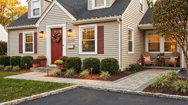 A welcoming home exterior featuring a freshly painted red front door, a paver walkway lined with modern LED path lights, neat landscaping with seasonal potted mums, and a cozy sitting area with wooden chairs and warm lighting.