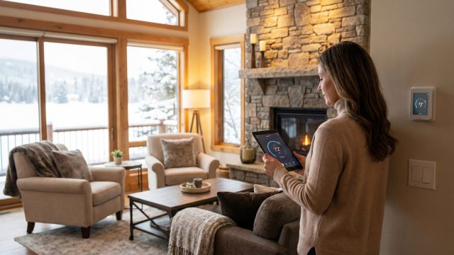 A woman in a beige turtleneck sweater holds a tablet and looks at a smart thermostat on the wall, both displaying a temperature of 72 degrees. She is standing in a luxurious living room with a large stone fireplace, comfortable armchairs, and floor-to-ceiling windows overlooking a snow-covered mountain landscape.