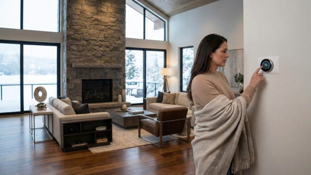 A woman wrapped in a beige blanket adjusts a round smart thermostat on a wall inside a modern luxury living room. The room features a large stone fireplace, high ceilings, wood floors, and floor-to-ceiling windows revealing a snow-covered landscape outside.