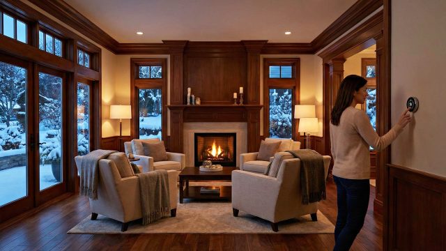 A woman with shoulder-length brown hair is standing and adjusting a circular smart thermostat on a wall in a warmly lit, luxurious living room. The room features rich wood paneling, a large fireplace with a fire burning, and four beige armchairs arranged around a coffee table. Through large floor-to-ceiling windows, a snowy winter landscape is visible at dusk.