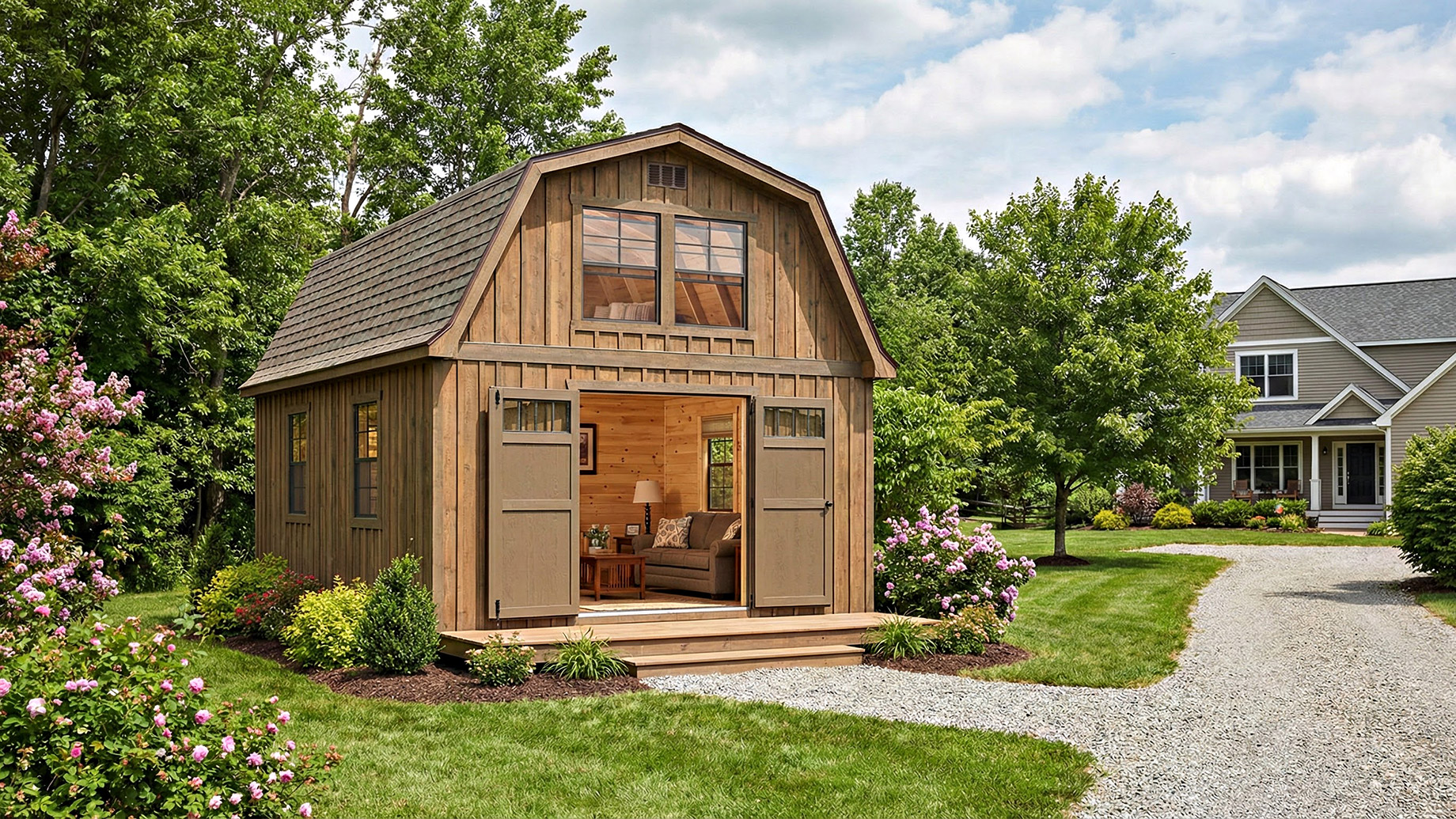 Exterior view of a wooden lofted barn cabin featuring a classic gambrel roof and open double doors that reveal a cozy furnished interior, situated in a landscaped backyard with a gravel path leading to the entrance.