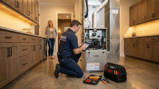 A male technician wearing a blue Wukmir Heating and Air Conditioning uniform is kneeling and using a multimeter and a tablet to diagnose an open furnace unit in a modern utility room with custom wood cabinets and concrete floors. A female homeowner is standing in the background, observing the service.