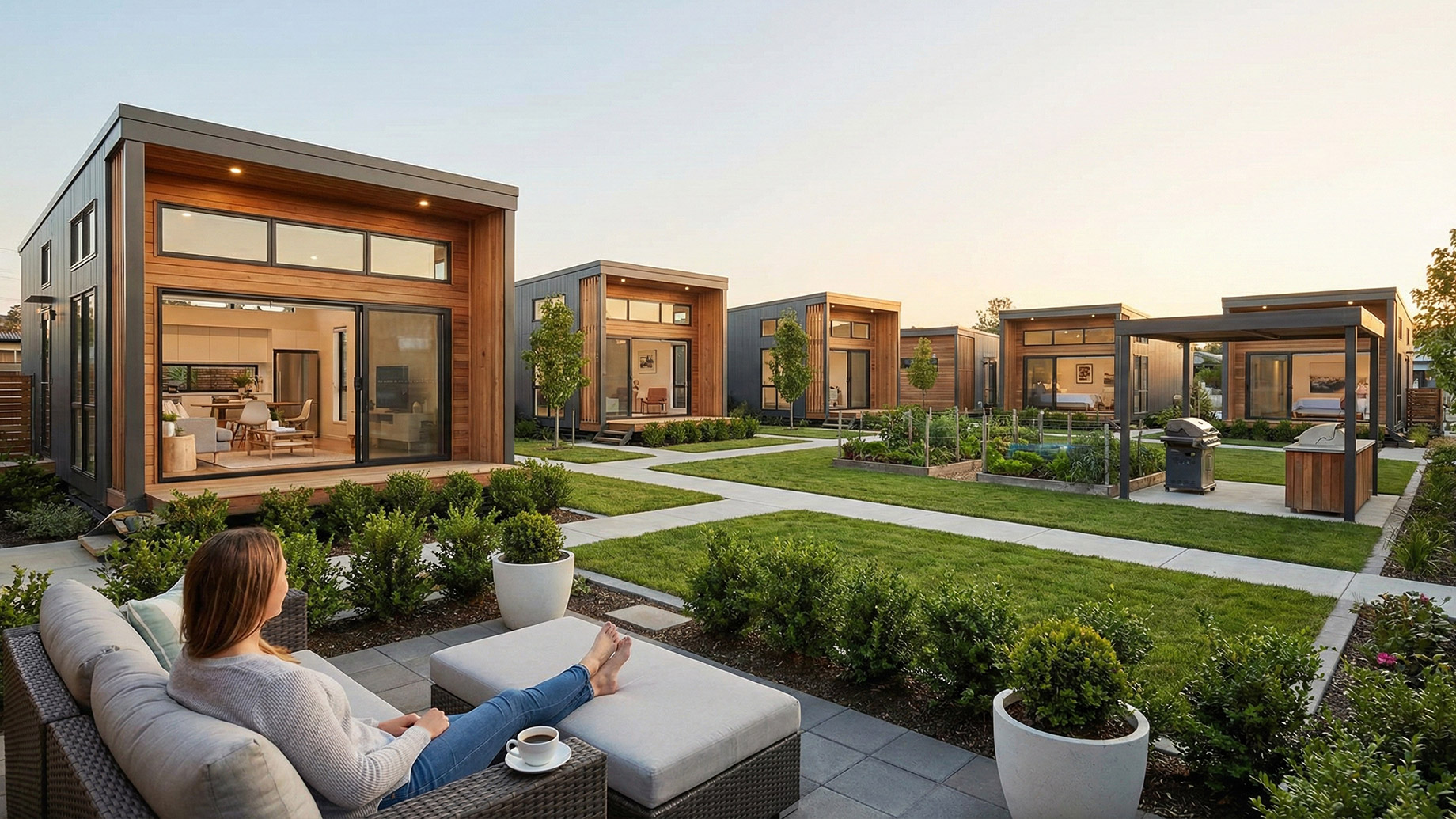 A person relaxes on a private patio in a modern community of detached yardhomes at sunset, overlooking a shared green space with a community garden and barbecue area. The homes feature open floor plans and large glass doors, integrating indoor and outdoor living.