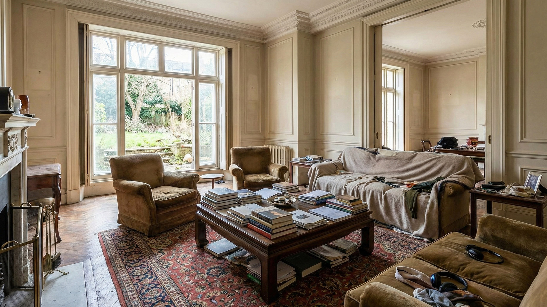 A spacious living room features grand high ceilings and large windows overlooking a garden, contrasting with the piles of books on the coffee table and blankets draped over sofas that show a truly lived-in space not staged for buyers.