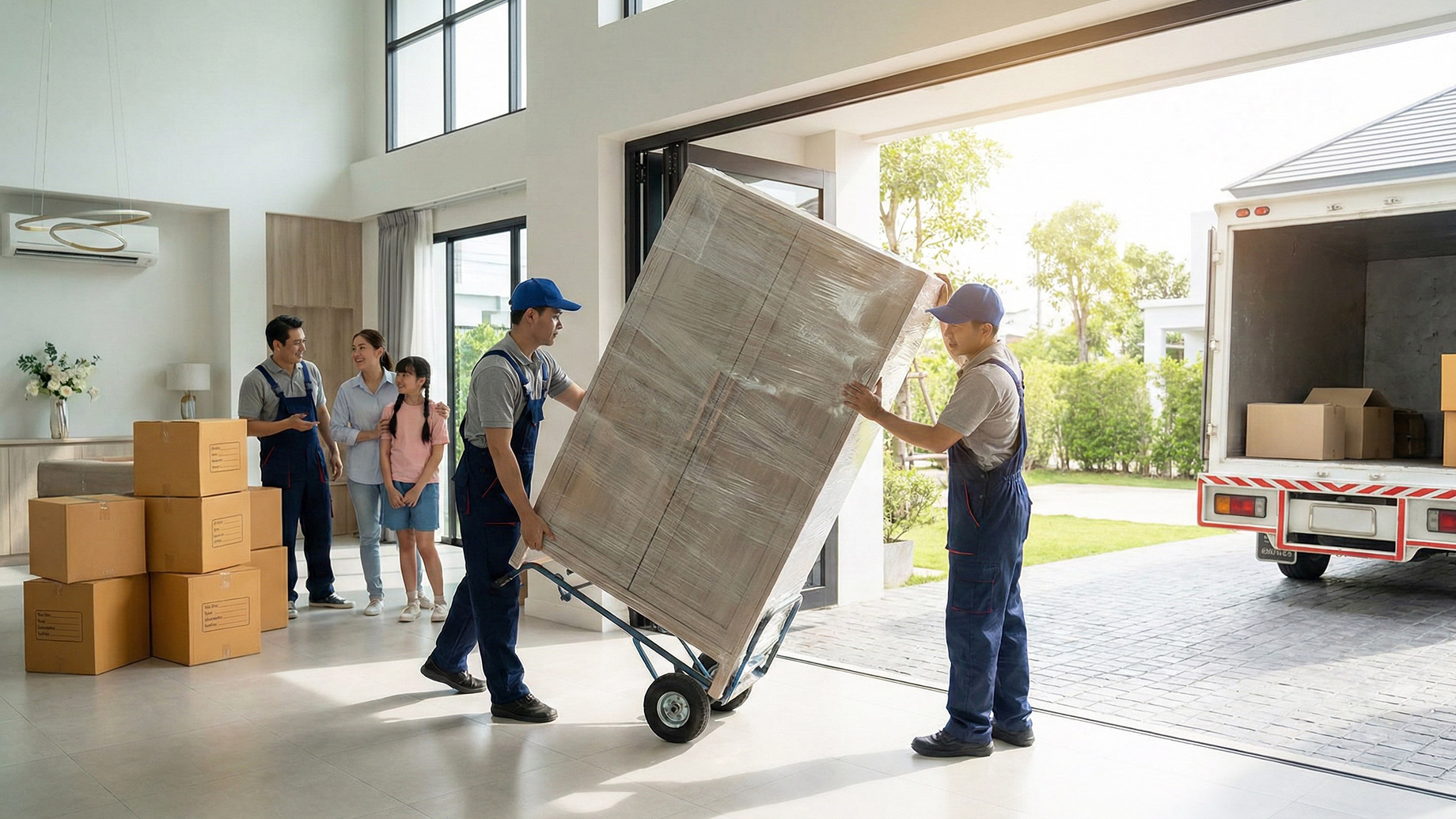 Two professional movers in uniform carefully use a dolly to transport a large, plastic-wrapped piece of furniture out of a modern, luxury home. A family of four stands nearby, smiling and watching, next to a stack of cardboard moving boxes. A moving truck with its ramp down is parked outside the large open doors.