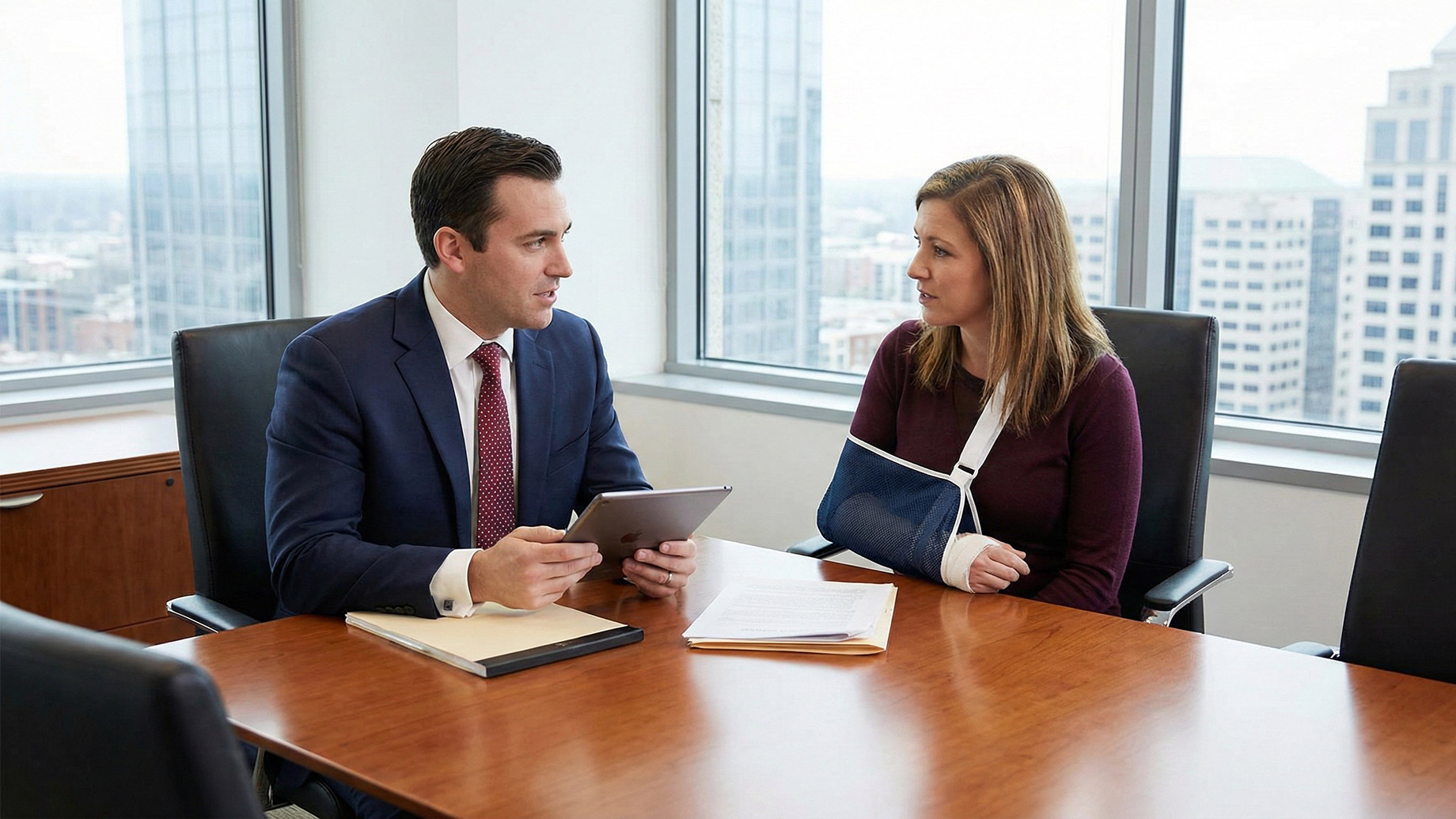 A professional man in a blue suit and red tie holds a tablet while consulting with a female client across a polished wooden conference table. The woman is wearing a burgundy long-sleeved shirt and has her right arm in a blue medical sling with a wrist cast. Legal folders and documents rest on the table between them in a modern office setting with large windows overlooking a city skyline.