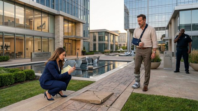 A female attorney in a business suit kneels to photograph a broken, raised paving stone on a walkway, documenting a trip hazard. Beside her stands an injured man wearing a medical walking boot and an arm sling. The scene takes place in the courtyard of a modern, luxury commercial office building with a water feature and a security guard in the background.