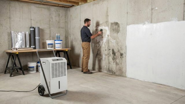 A contractor uses a moisture meter to test a damp, stained concrete basement wall. A portable dehumidifier runs in the foreground, and waterproofing supplies, including sealant and caulk, are on a workbench. A section of the wall is coated with white waterproofing paint.