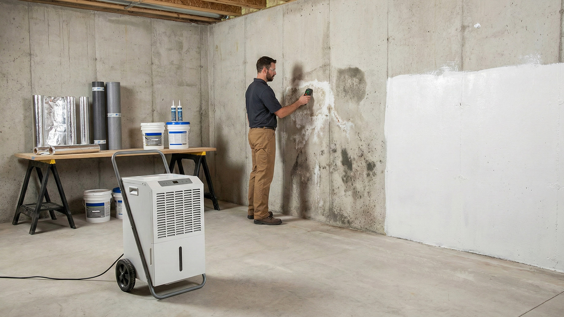 A contractor uses a moisture meter to test a damp, stained concrete basement wall. A portable dehumidifier runs in the foreground, and waterproofing supplies, including sealant and caulk, are on a workbench. A section of the wall is coated with white waterproofing paint.