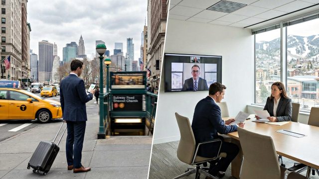 A split-screen image illustrating the intersection of travel and law; on the left, a professional with luggage stands on a busy New York City street near a subway entrance and yellow taxi, while on the right, a lawyer and client review documents in a modern, well-lit office, representing legal consultation for personal injury claims.