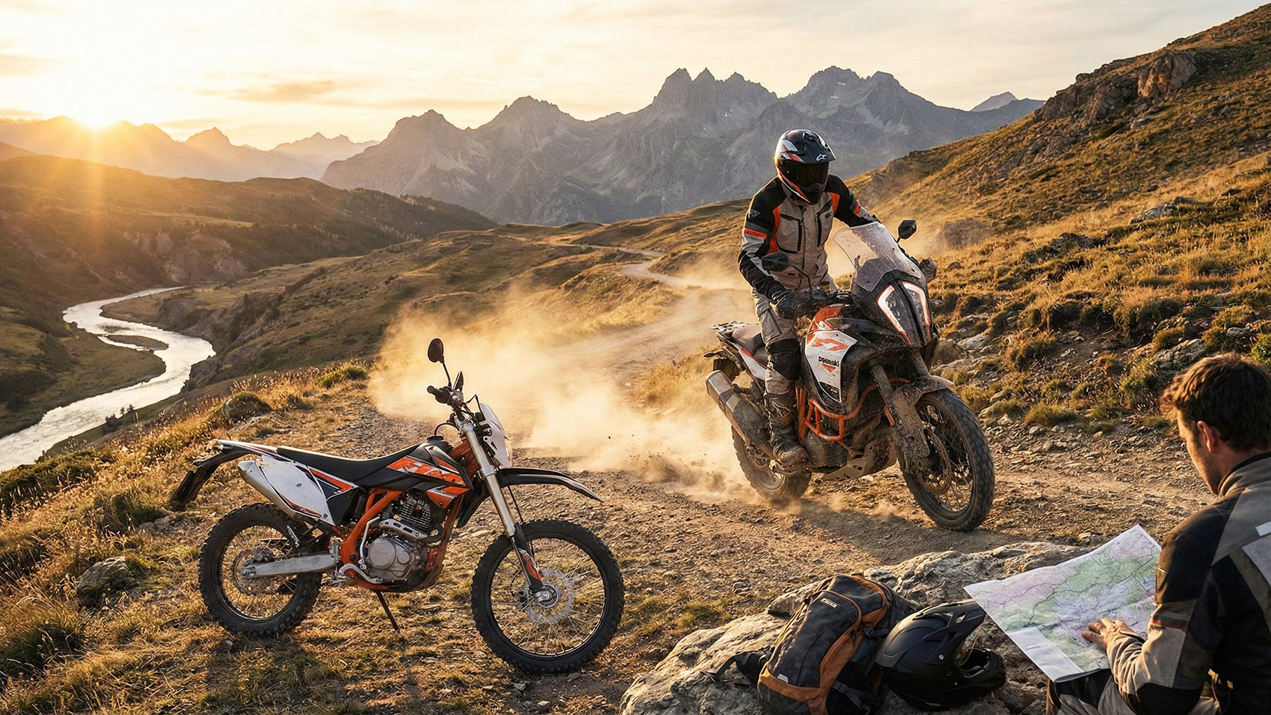 A wide-angle landscape photograph at sunset shows two motorcyclists on a rugged dirt trail in a mountainous region. One rider in full gear on a large adventure motorcycle kicks up a cloud of dust as they navigate a bend. In the foreground, another rider sits on a rock next to a smaller dirt bike, attentively studying a paper map spread across their lap. A backpack and helmet rest nearby. A river winds through the valley below, with jagged peaks silhouetted against the warm, golden light of the setting sun.