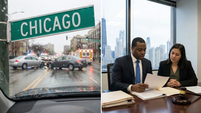 A split-screen showing a multi-car crash scene in Chicago on the left, and a lawyer consulting with a client in a downtown legal office on the right.