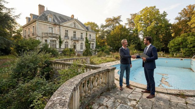 A homeowner in casual clothes shakes hands with a professional investor in a suit, who is holding a tablet. They stand on a worn stone terrace next to an empty, cracked swimming pool, with a large, dilapidated mansion and overgrown grounds in the background under a bright sky.