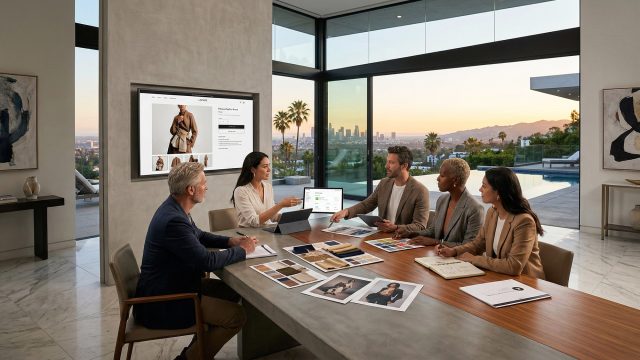 Five professionals gather for a collaborative meeting around a large table in a modern, luxury room. The room features floor-to-ceiling windows that reveal a vast city skyline, hills, and palm trees under a setting sun. Marble floors and concrete walls complete the modern aesthetic, and an infinity pool can be seen outside. The group, consisting of three men and two women, are engaged. One woman in a white blouse gestures towards a large wall-mounted screen displaying an ecommerce website for a fashion brand. Laptops, notebooks, fabric swatches, printed fashion photos, and various design materials are scattered across the table, indicating a focus on design and strategy.