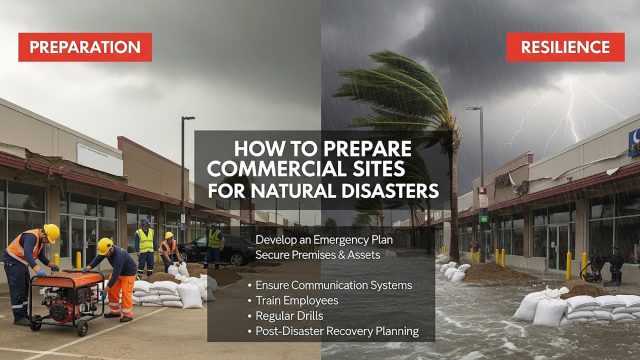 A split-screen graphic titled "How to Prepare Commercial Sites for Natural Disasters." The left side, labeled "Preparation," depicts workers deploying sandbags and a generator at a storefront; the right side, labeled "Resilience," illustrates the same commercial building successfully withstanding a severe storm and flood.
