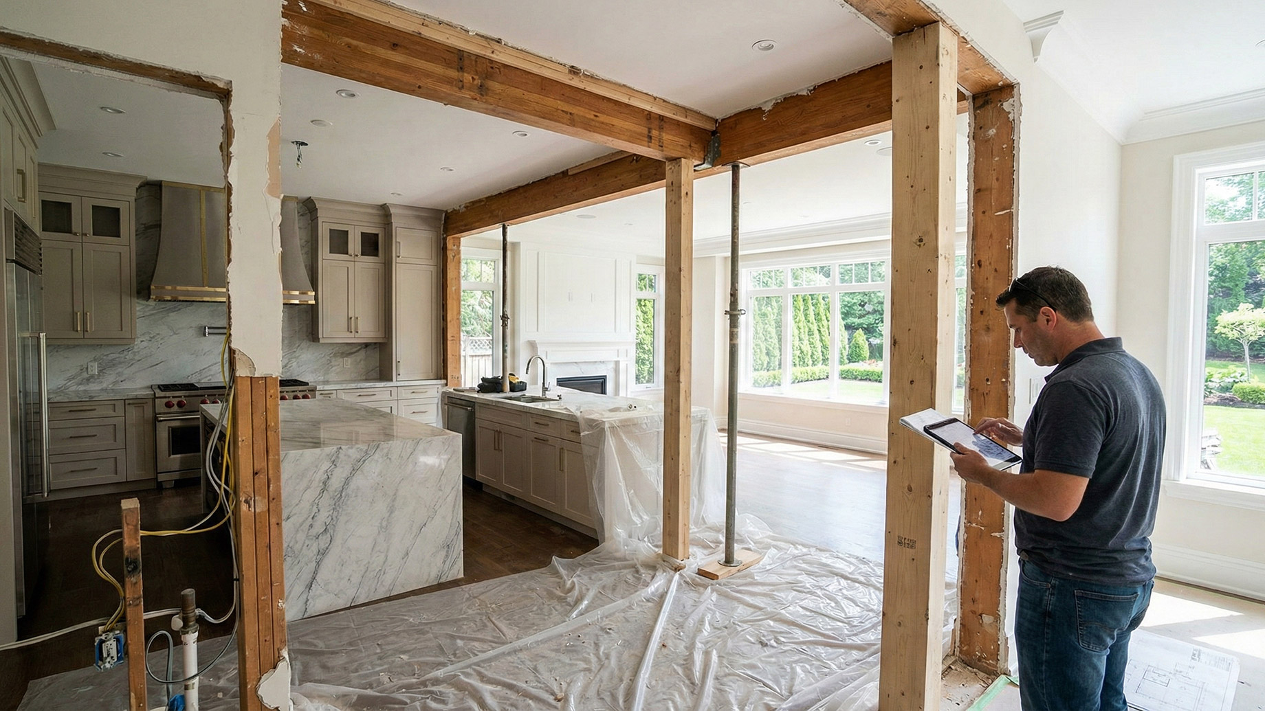 A contractor stands in a luxury kitchen undergoing a major renovation, holding and looking down at a tablet. A large section of a load-bearing wall has been removed, and temporary wooden posts and steel screw jacks are supporting a new overhead beam. The kitchen features a large marble island and custom cabinetry. The floor is covered with plastic sheeting.