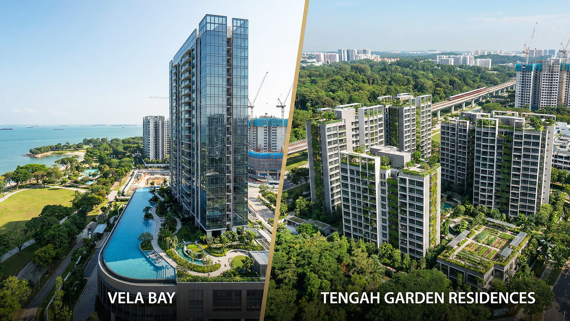 A split-screen comparison of two Singapore condominiums: on the left, "Vela Bay" features a modern high-rise tower with a sprawling pool deck overlooking the sea; on the right, "Tengah Garden Residences" showcases residential blocks draped in vertical greenery and rooftop gardens set within a lush forest landscape near an elevated MRT line.