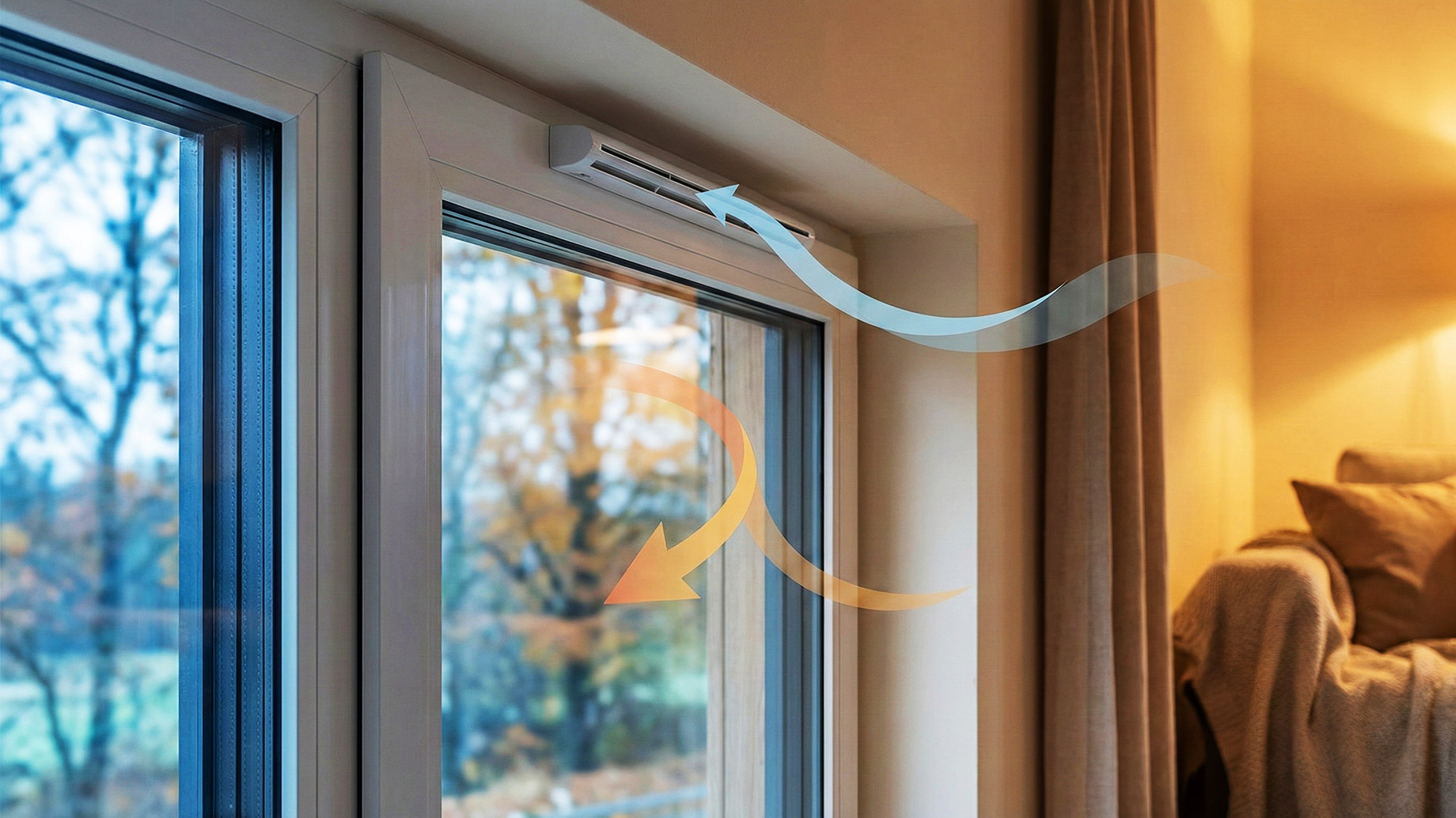 A close-up of a modern white window frame with a trickle vent installed at the top. Stylized blue arrows show cool fresh air entering through the vent, while a curved orange arrow shows warm indoor air circulating within a cozy, well-lit room with a couch and lamp. The outside view is a blurred autumn landscape.