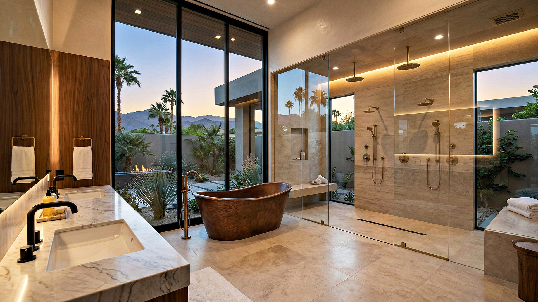 A stunning, spa-like luxury bathroom with high-end fixtures, a striking freestanding copper bathtub, sleek vanity faucets, and a luxurious dual walk-in shower, set against a beautiful twilight desert backdrop.