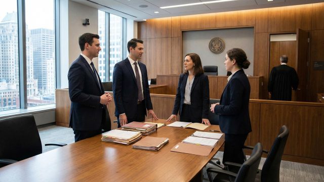 Four criminal defense lawyers in suits discuss a case over files at a conference table inside a modern courtroom with wood paneling and a large window overlooking a city. A judge is walking away in the background.