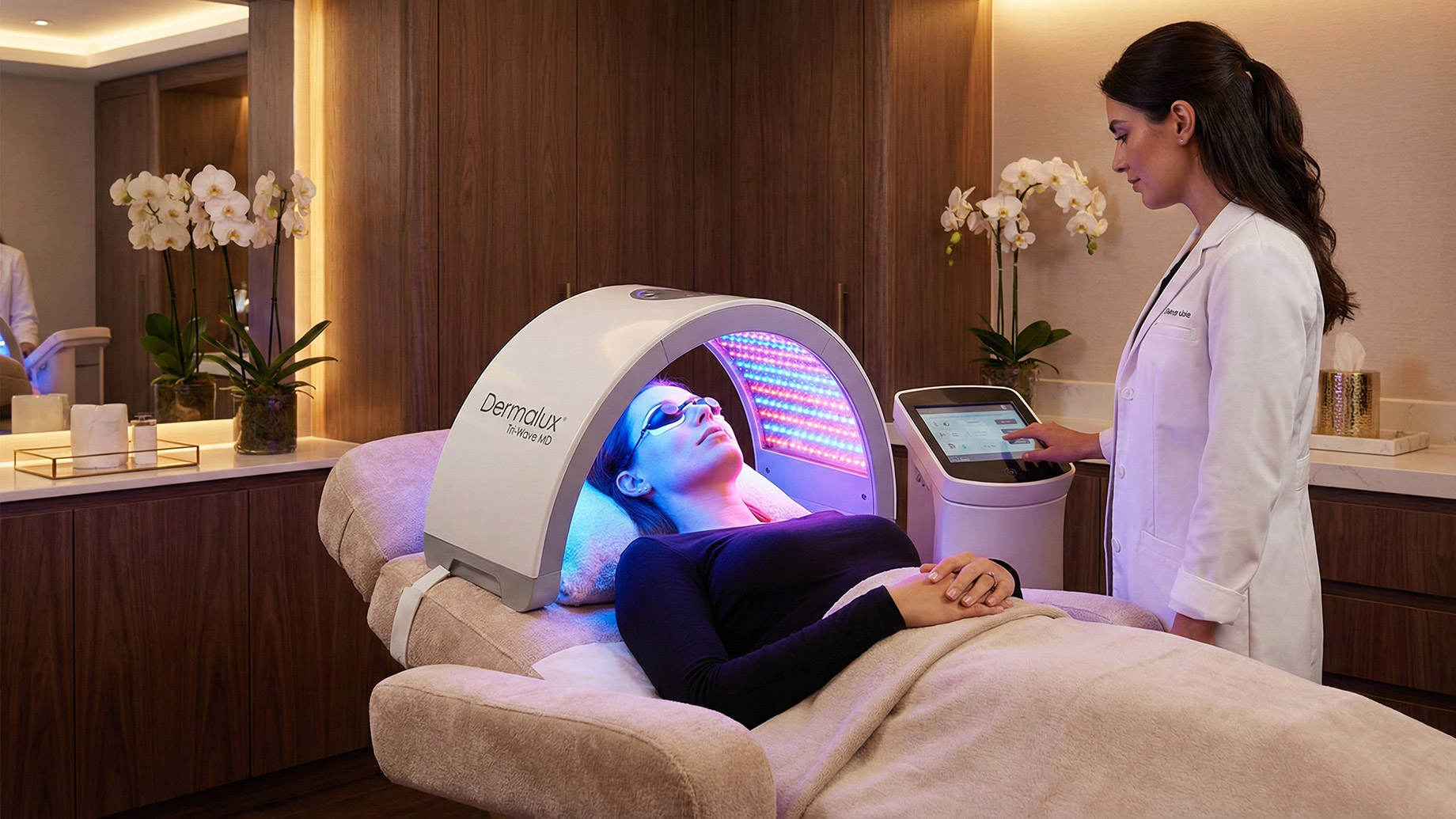 A patient receives a professional Dermalux Tri-Wave MD LED phototherapy session in a luxury clinic. The patient lies under the arched device emitting blue and red light while a clinician in a white coat operates the control panel.
