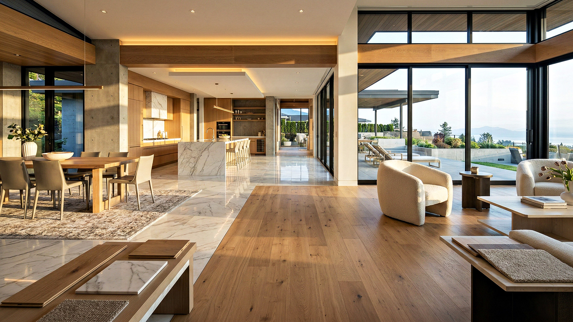 An elegant, sunlit home interior featuring floor-to-ceiling windows, highlighting the beautiful contrast between natural wood living room floors and sleek marble kitchen tiles, with flooring samples ready for review in the foreground.