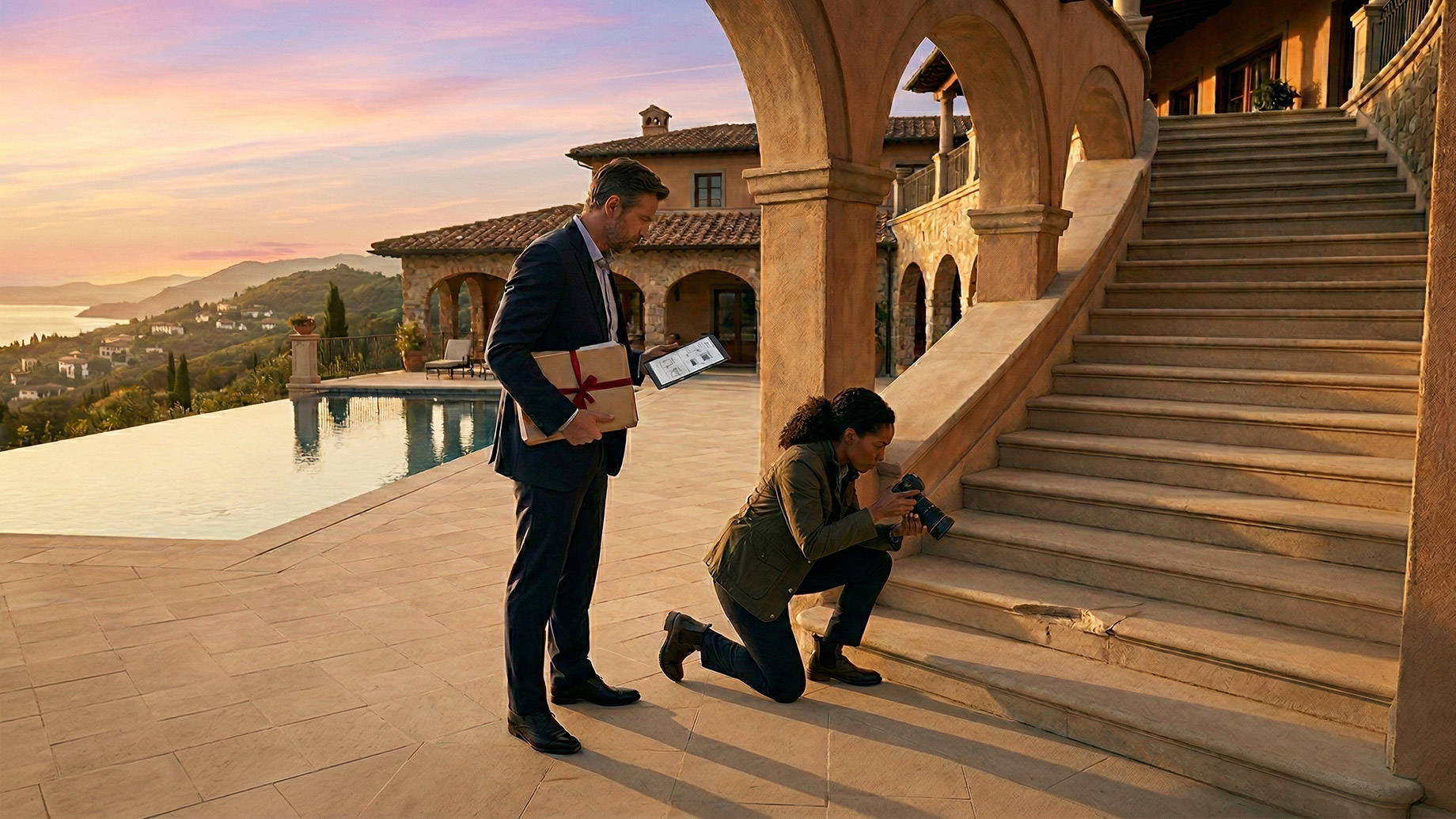 Two investigators examining the outdoor stone steps of a luxury estate at sunset. A woman kneels on the stairs to capture a close-up picture of a damaged step with a professional camera, while a man in a suit stands beside her reviewing information on a digital tablet. The spacious patio features a swimming pool overlooking a scenic landscape and water.