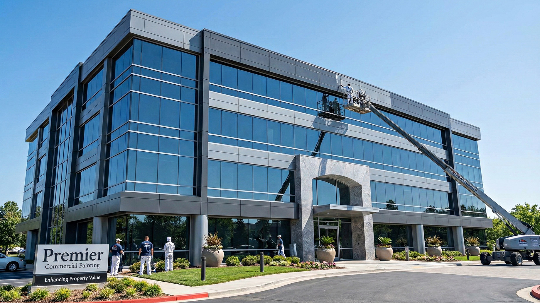 Professional painters are working on the exterior of a modern luxury office building using a large boom lift and ground crew. A sign in the foreground reads "Premier Commercial Painting - Enhancing Property Value."