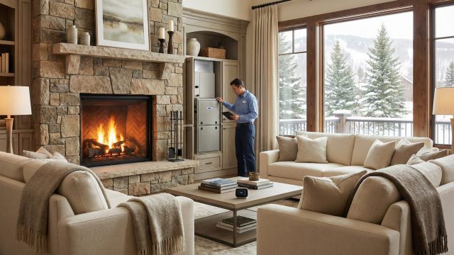 A technician in a blue uniform performs a furnace tune-up on a unit built into a cabinet in a luxury living room with a large stone fireplace and windows overlooking a snowy mountain landscape. He is holding a tablet, and a smart thermostat is on the coffee table.
