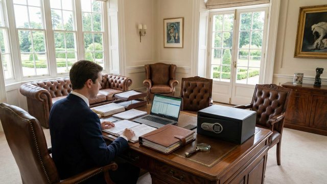 A well-dressed man, likely an executor or homeowner, sits at a large wooden desk in a luxurious home office, reviewing documents and a laptop. A black safe is visible on the desk, next to estate planning folders. Large windows overlook a manicured garden.