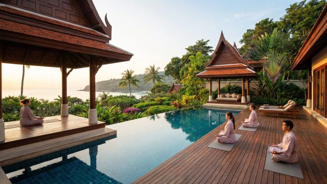 Guests in robes meditate at sunset on a wooden deck next to an infinity pool at a luxury Thai-style wellness resort overlooking a tropical bay, illustrating the serene environment of high-end recovery retreats in Thailand.
