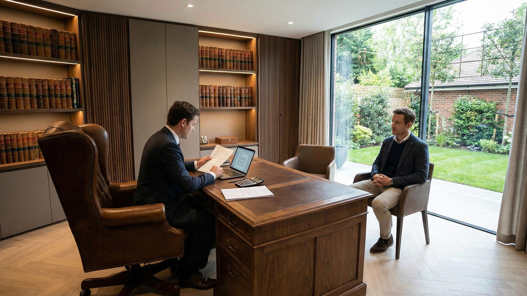 A man in a suit sits at a large wooden desk in a luxurious home office, reviewing documents and a laptop with another man seated opposite him. The office features built-in bookshelves filled with books and a large window overlooking a manicured garden, suggesting a professional meeting about financial or tax planning.